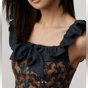 🐎Anthropologie Flutter-Sleeve Crop Blouse Maeve Horse Motif Novelty Top NEW SM